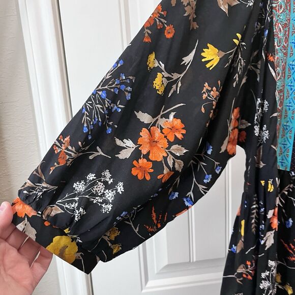 Umgee Floral Boho Peasant Tassels Floral Black Teal Mini Dress Womens Size M NEW - Picture 5 of 10